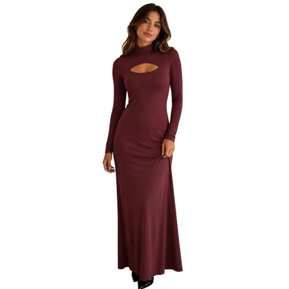 Other Dresses & Skirts - Womens Brown Cut Out Bodycon Maxi Dress Small Long Sleeve Mock Neck Shoulder Pad